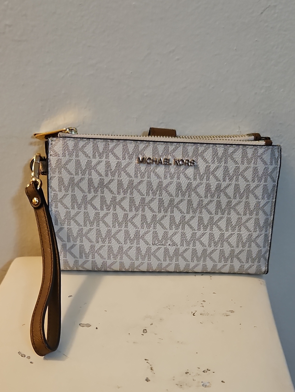 Michael Kors White Logo Print Phone Wristlet with Tan Strap